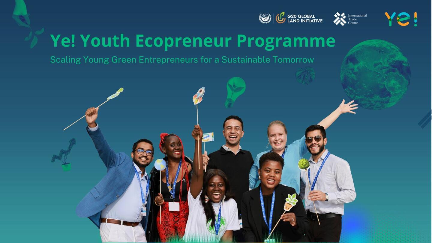 International group of young people stand together on graphic reading “Ye! Youth Ecopreneur Programme”
