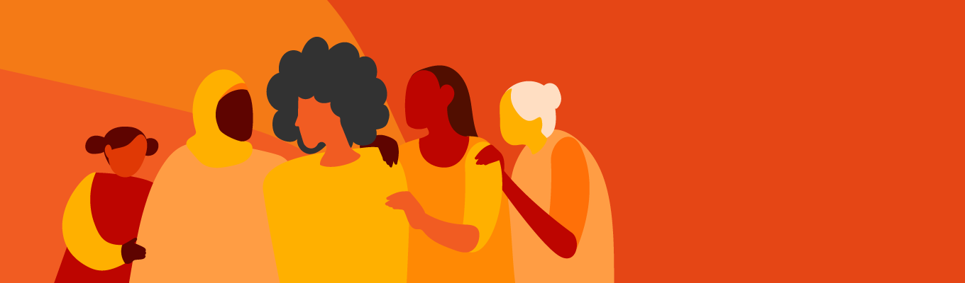 Five cartoon generic women from different cultures and ages on a arty sunrise darker orange background