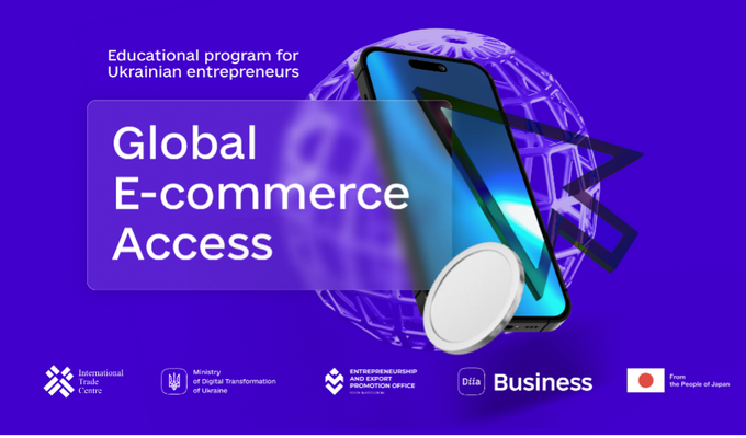 Frame from powerpoint showing cell phone with the text "Global ecommerce access"