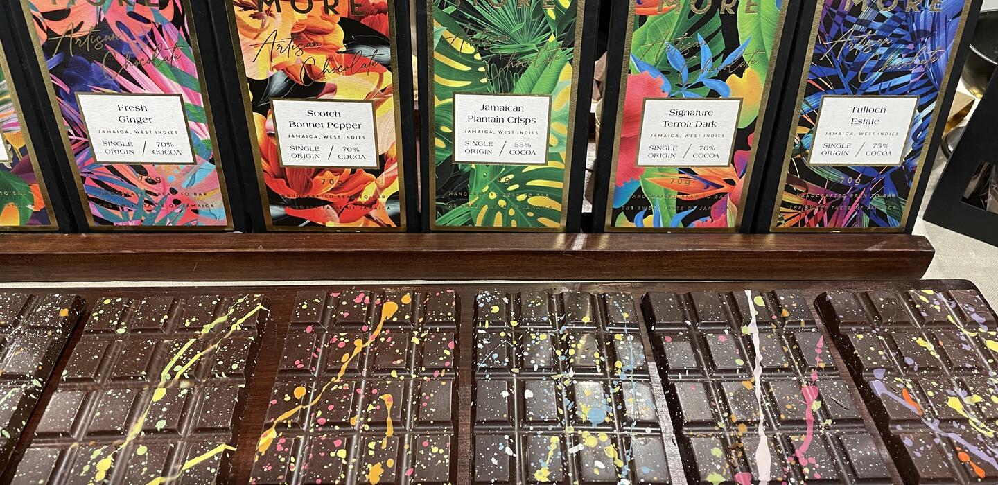 Colourfully packaged chocolate bars on display