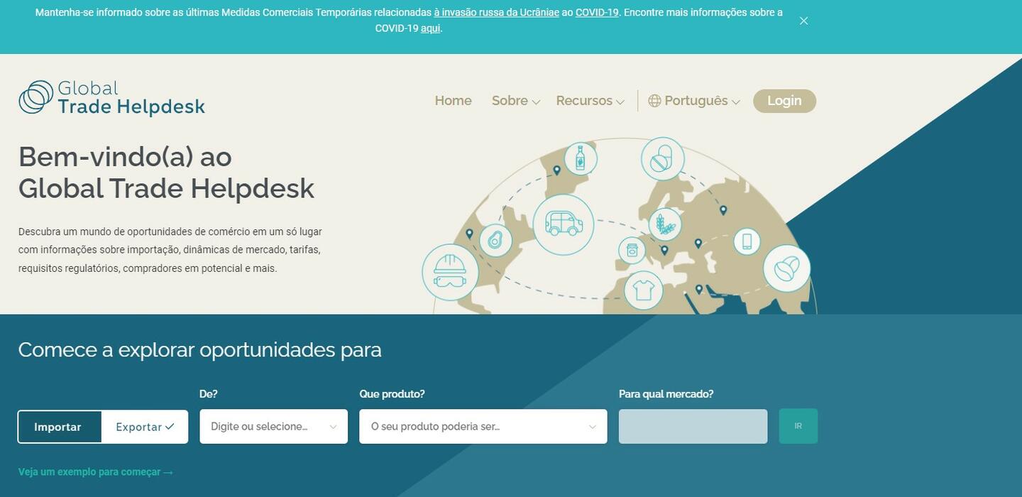 Screenshot of ITC global trade helpdesk in Portuguese
