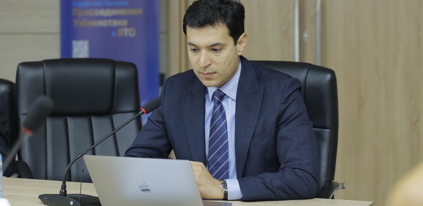 Adkham Akbarov, the ITC’s National Project Coordinator, working on a laptop in Tashkent, Uzbekistan.