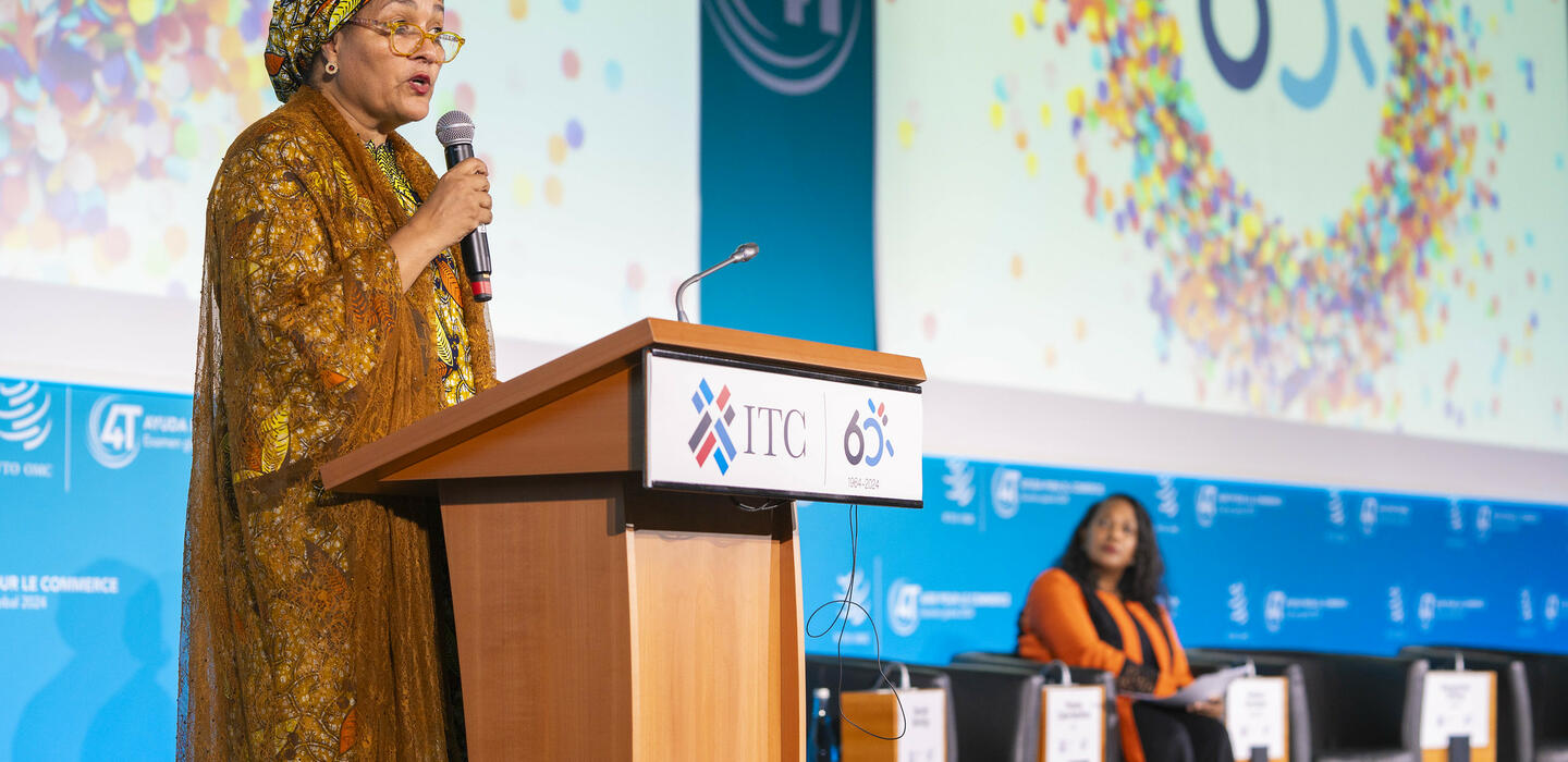 La Secrétaire générale adjointe de l'Organisation des Nations Unies, Amina Mohammed, s'exprime lors de l'événement organisé à l'occasion du 60e anniversaire de l'ITC.