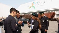 Azerbaijani customs officials greets visitors at port